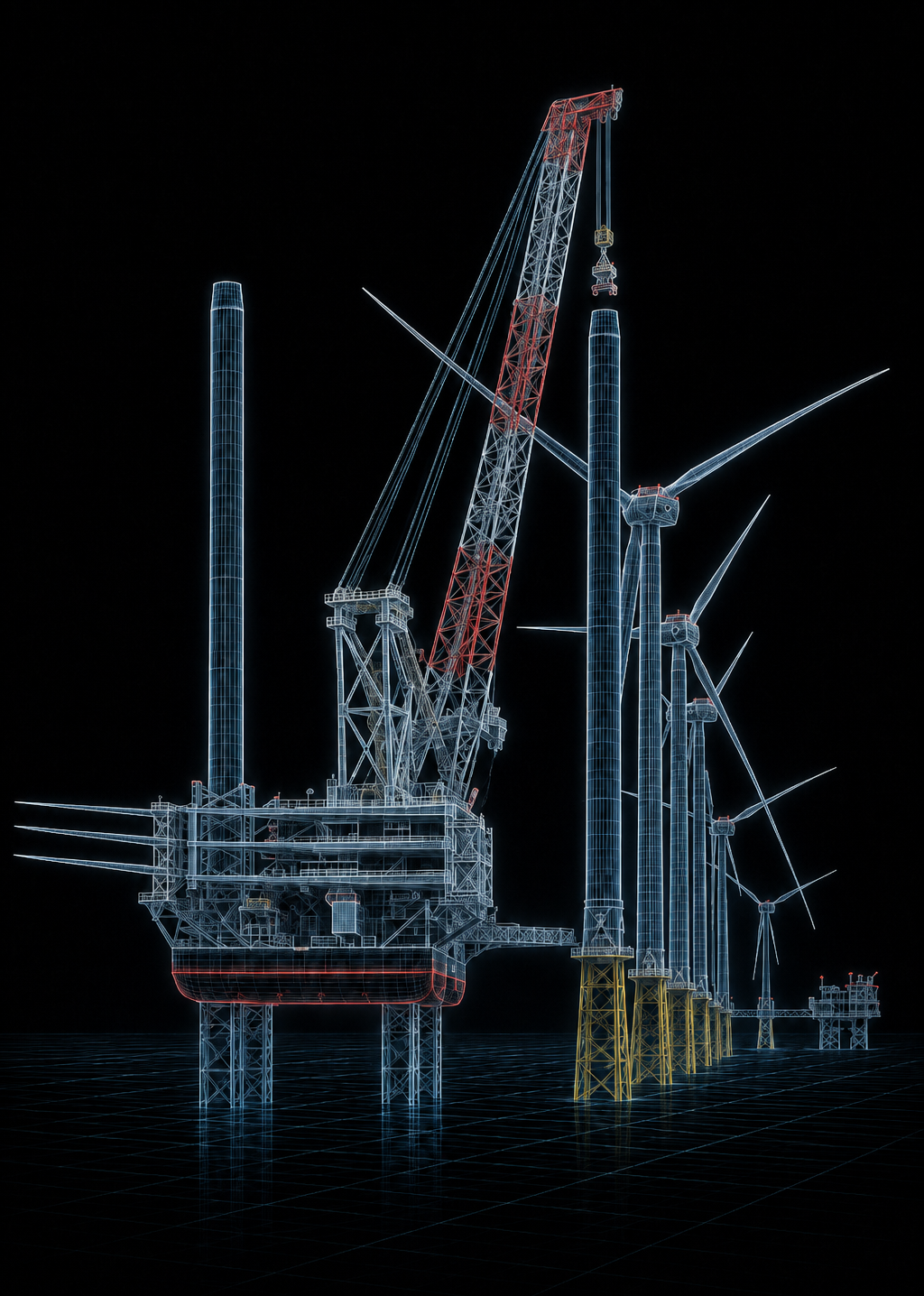 Energia e infraestrutura marítima em estilo wireframe